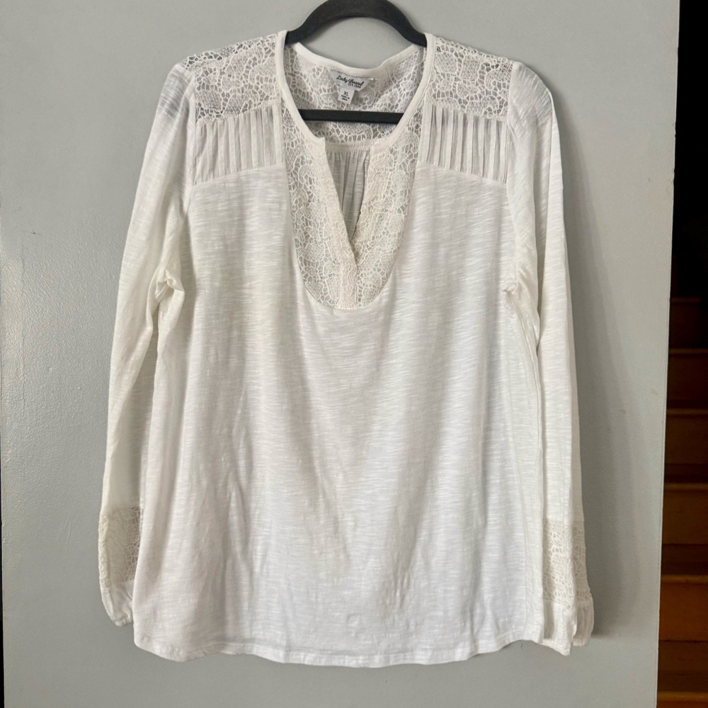 EUC Vintage Style Lucky Brand Lace Trim Top 🤍 Cottagecore Boho Peasant Blouse